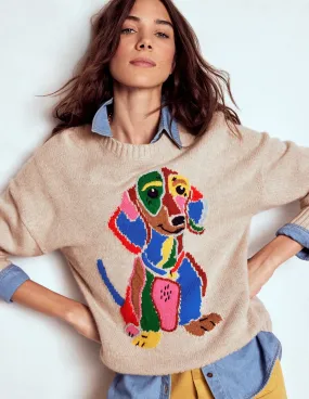 Natalie Embroidered Jumper-Oatmeal Melange, Daschund DropShoulder Design