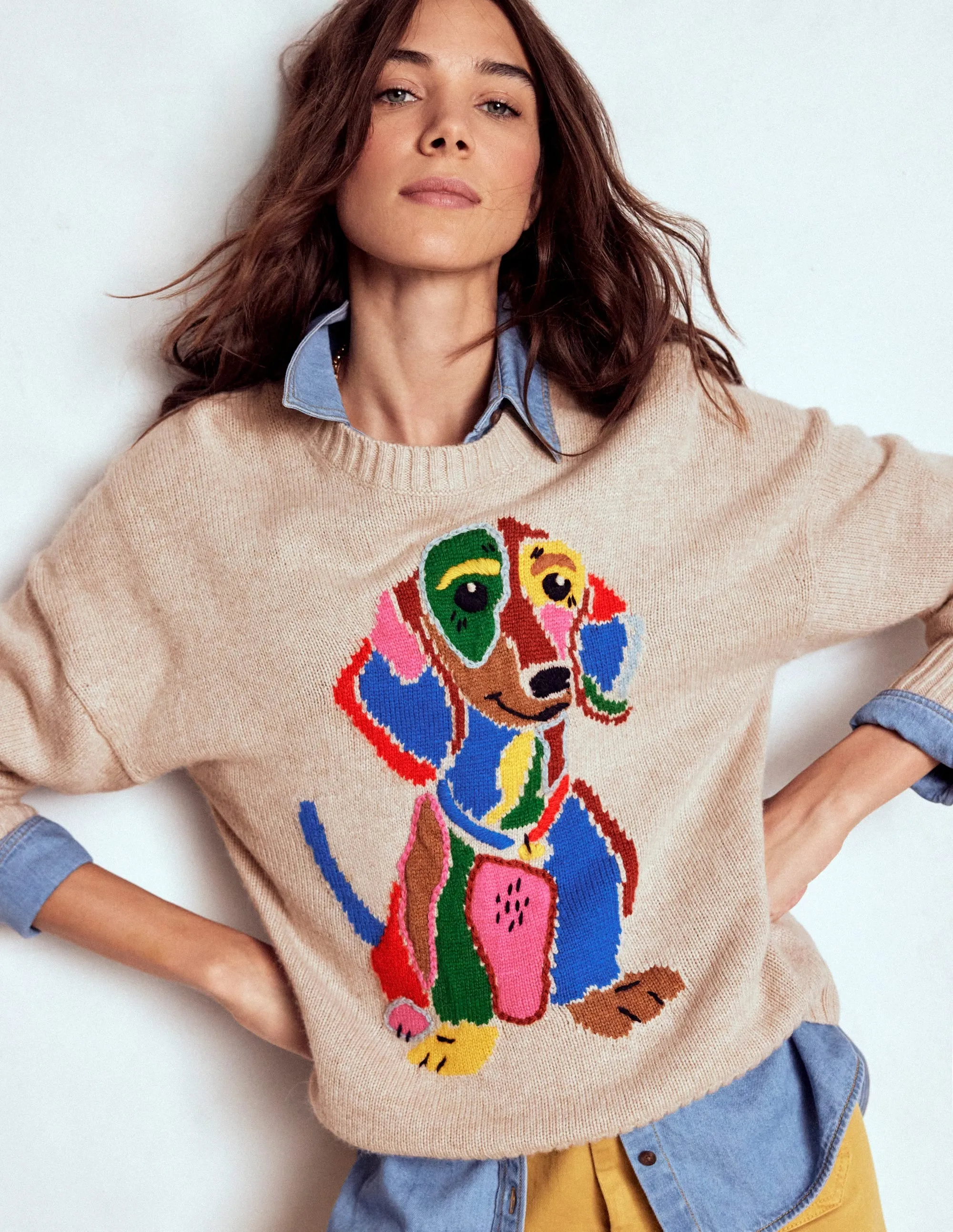 Natalie Embroidered Jumper-Oatmeal Melange, Daschund DropShoulder Design