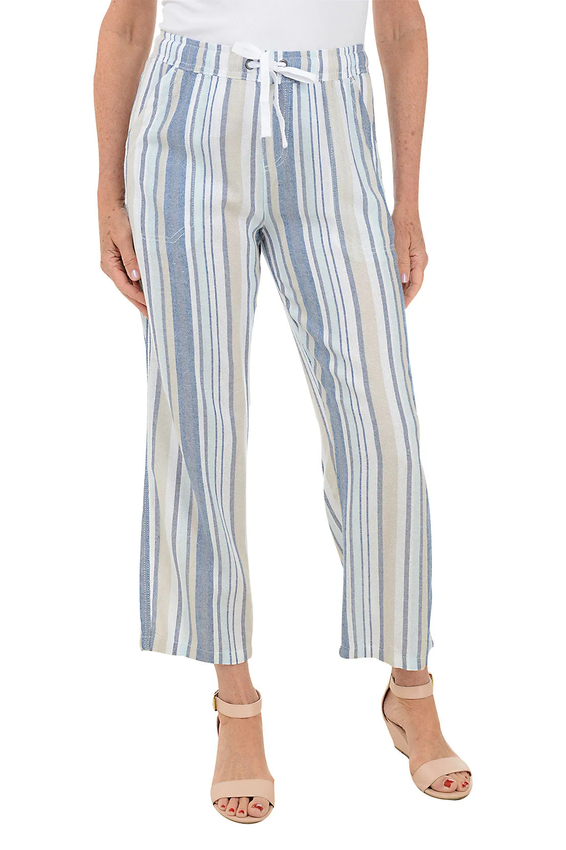 Essential Wear Natural Blue Striped Linen Blend Pant