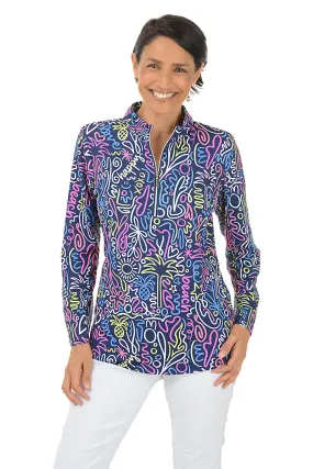 Antimicrobial Treatment Interlock Knit Navy Beach Drawings Cooling UPF50  Mock Neck Top