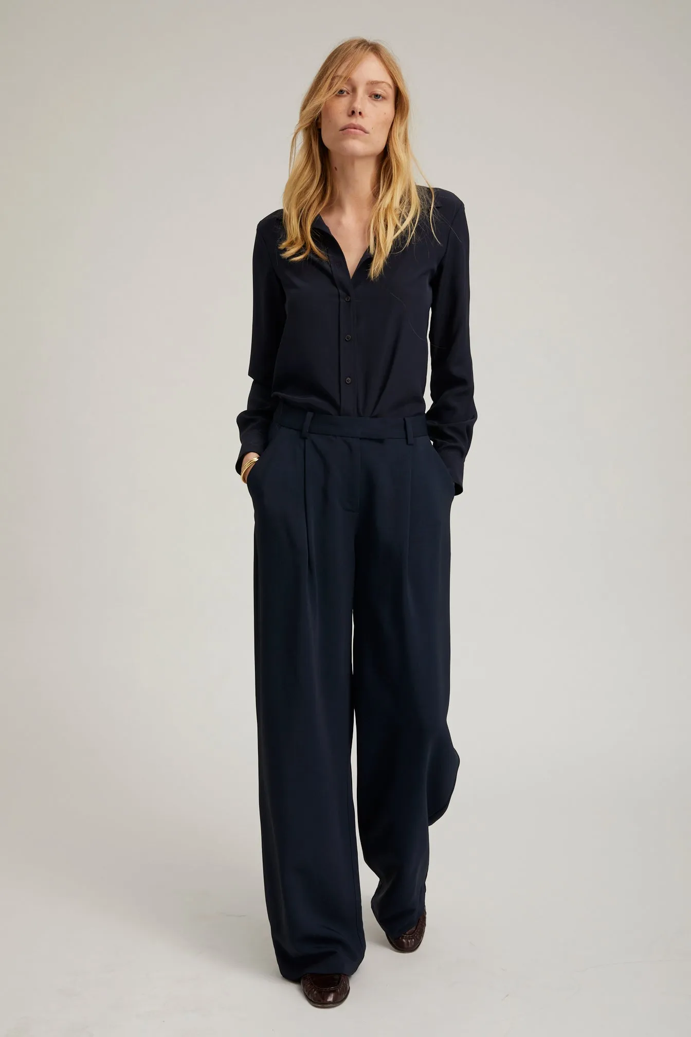 Easy Match Navy Crepe Straight Leg Pleated Trousers