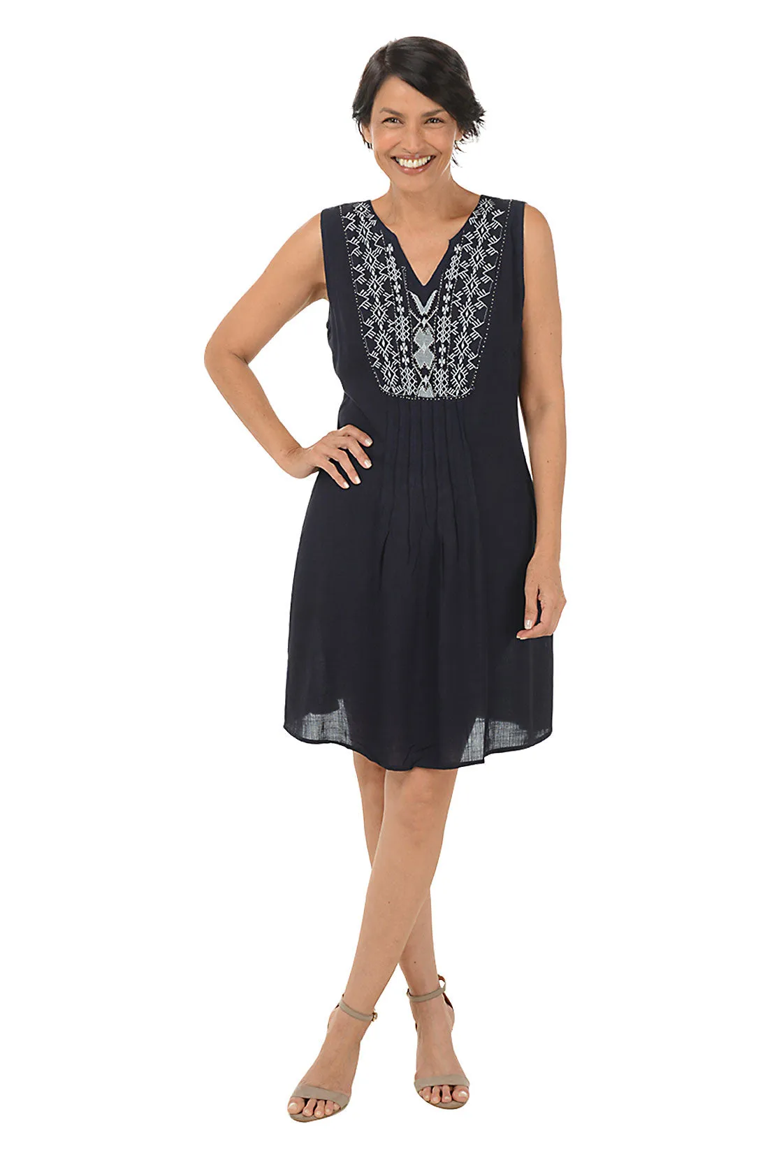 Navy Diamond Embroidery Pleated Sleeveless Dress Versatile Design Outdoor Ready