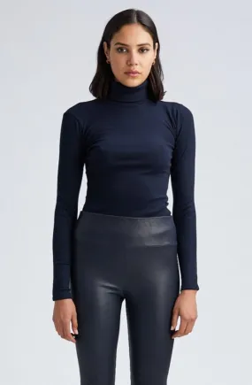 Ergonomic Shoulder Cut Navy Rib Long Sleeve Turtleneck