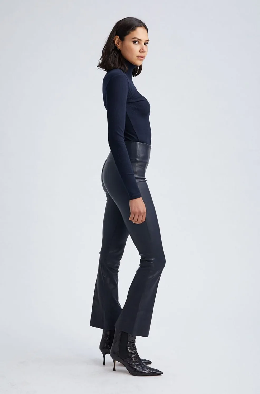 Navy Rib Long Sleeve Turtleneck Recycled Polyester Fabric Tailored Silhouette