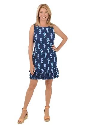 Smooth Blend Travel Outfit Navy Seahorses UPF50  Ruffle Dress