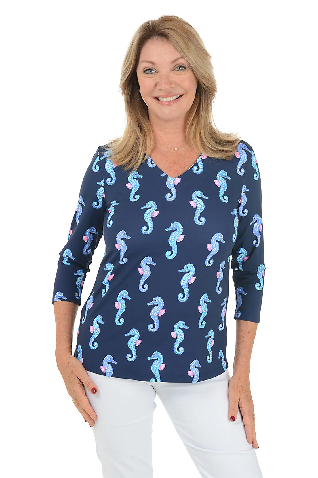 DurableStitching Navy Seahorses UPF50  V-Neck Top