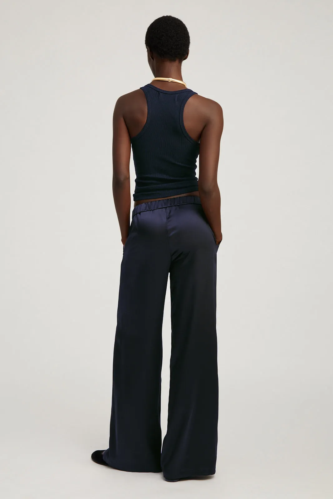 OdorResistantFinish Navy Silk Wide Leg Pintuck Pants