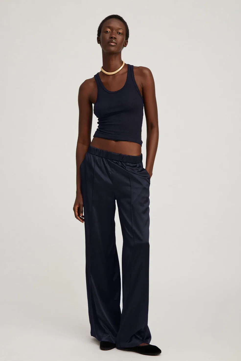 Casual Performance Navy Silk Wide Leg Pintuck Pants