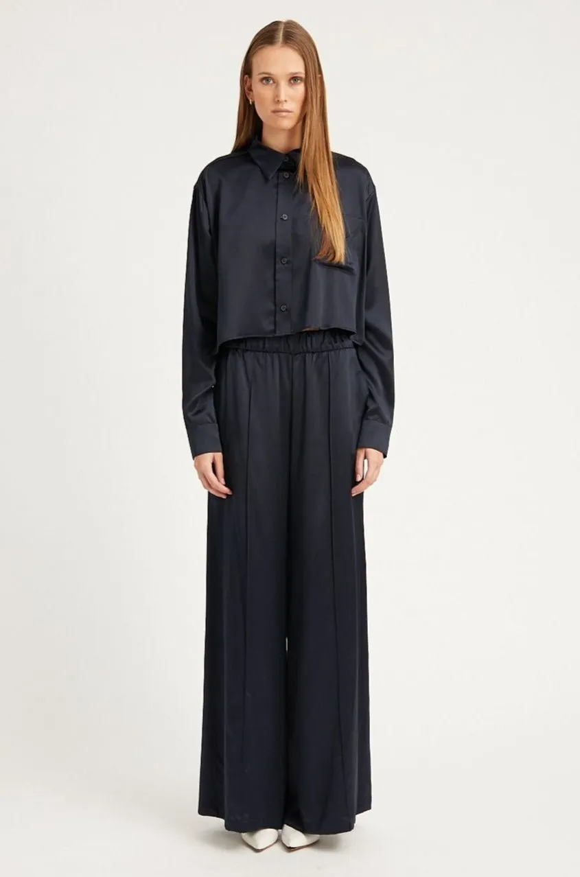 Navy Silk Wide Leg Pintuck Pants Performance Layer Double Layered Hem