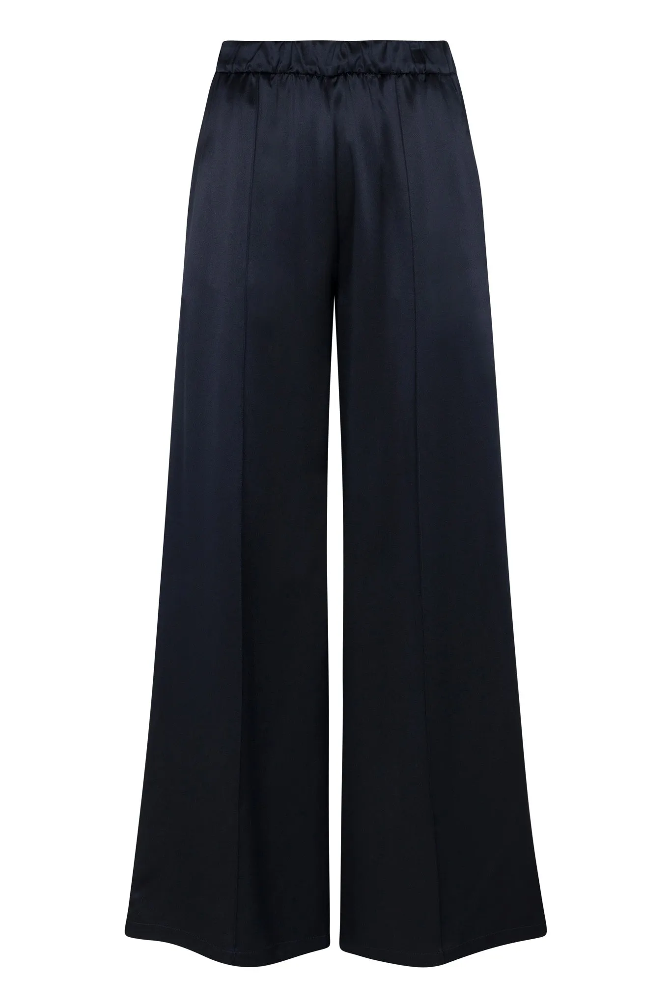 Navy Silk Wide Leg Pintuck Pants Laser Cut Edges TaglessLabel