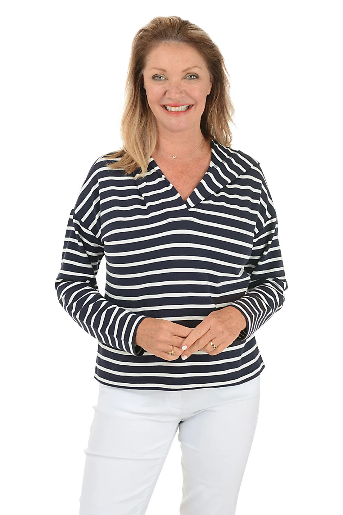 Navy Striped French Terry Hoodie Garment Washed Convertible Neckline