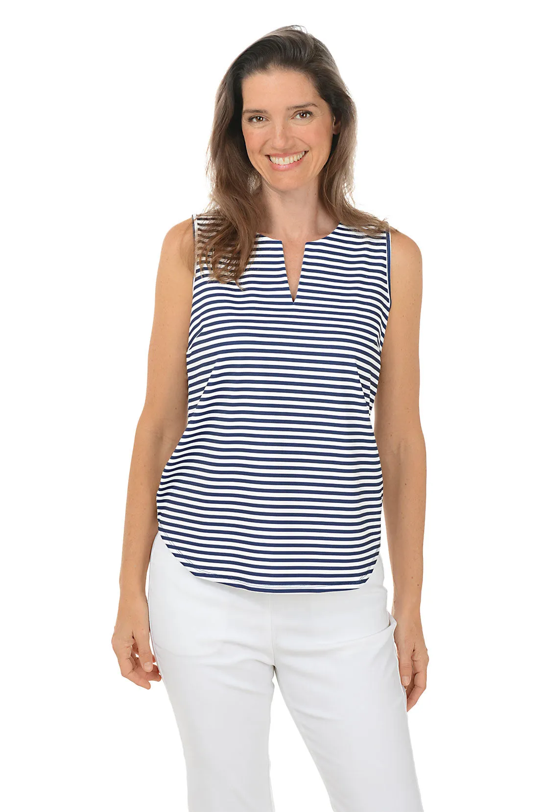 Navy Striped UPF50  Split Neck Sleeveless Top EcoFriendlyMaterial Stylish Jacket