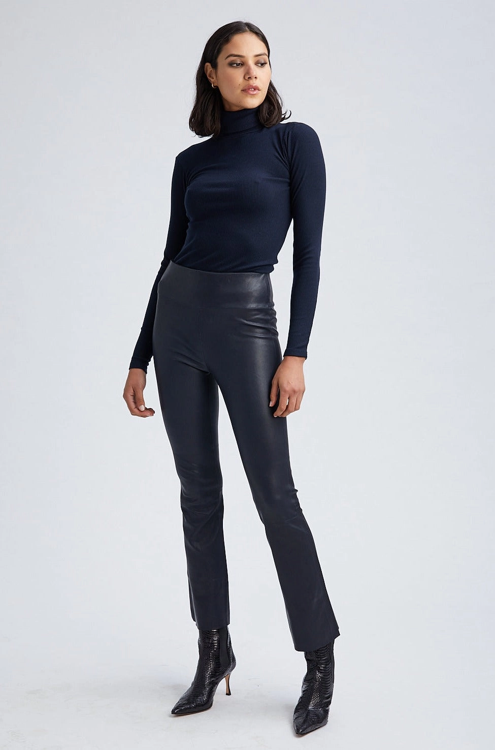 Minimalist Design Navy Leather Ankle Flare