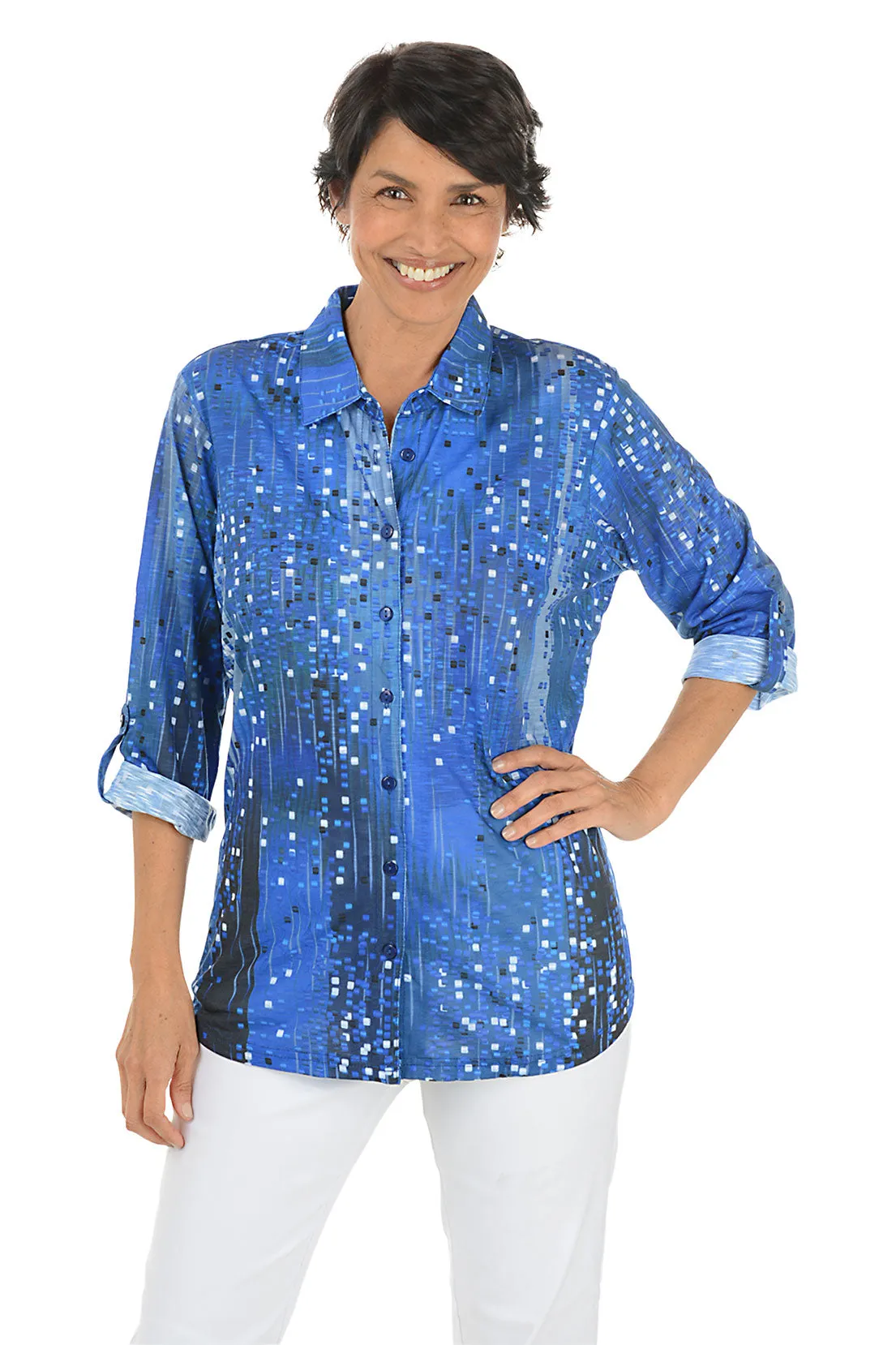 Hidden Zipper Closure Thermal Regulation System Night Parade Roll-Tab Knit Shirt