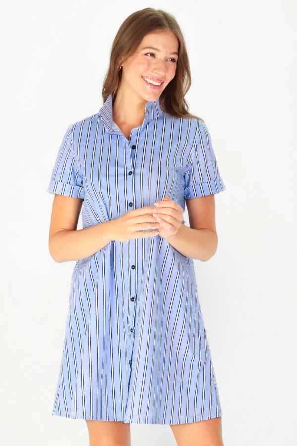 Dreamy Texture Magnetic-Closure Quinnie Dress Light Blue and Navy Stripe