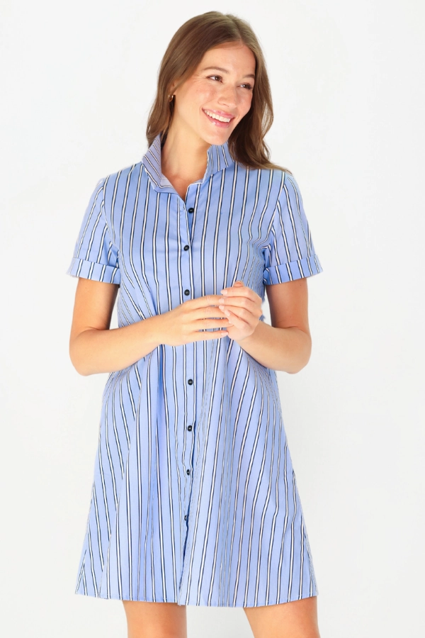 Quinnie Dress Light Blue and Navy Stripe Basic Cool Belted-Style