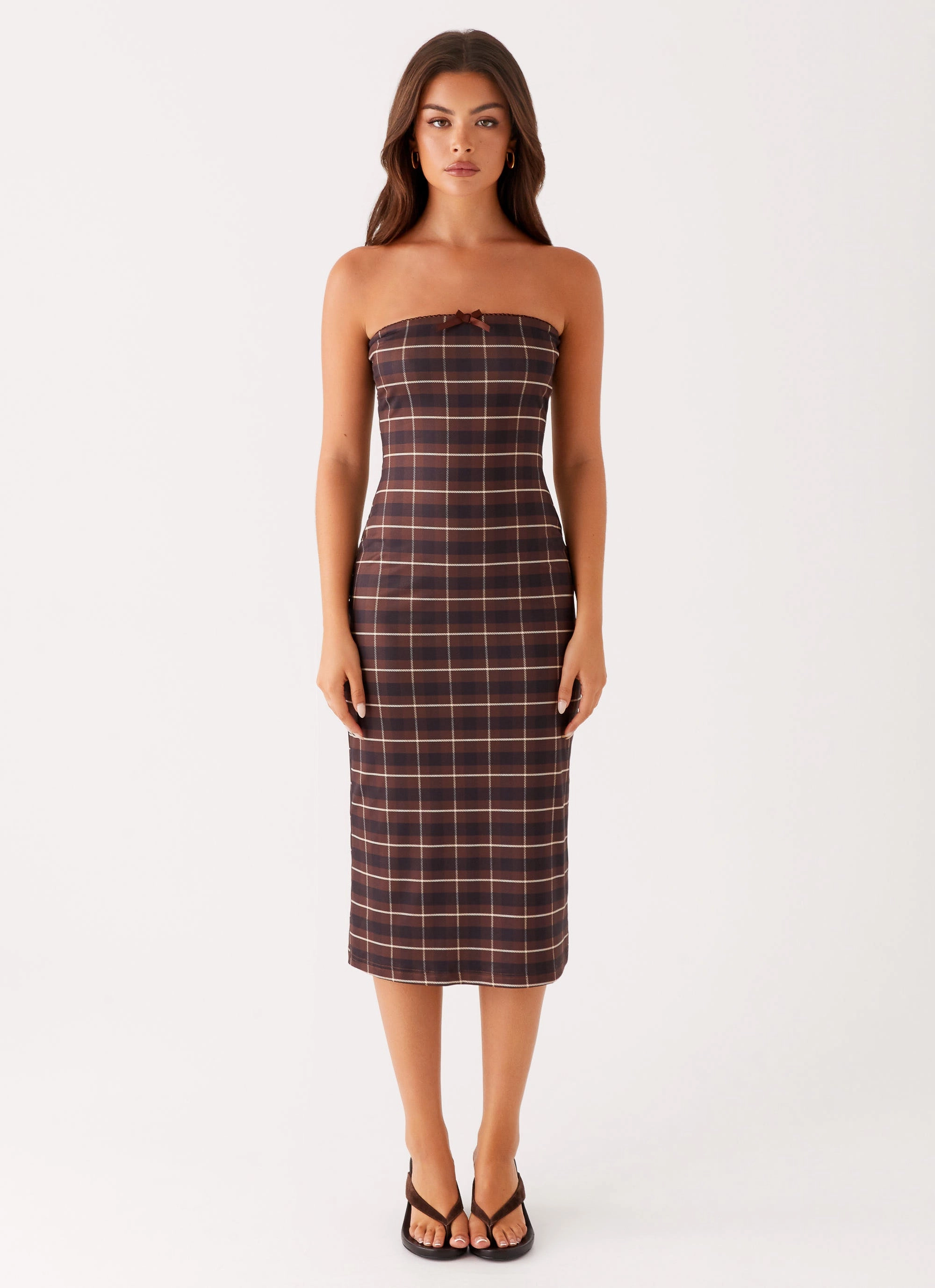 Niko Strapless Midi Dress - Brown Black Check