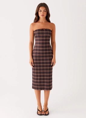 Niko Strapless Midi Dress - Brown Black Check