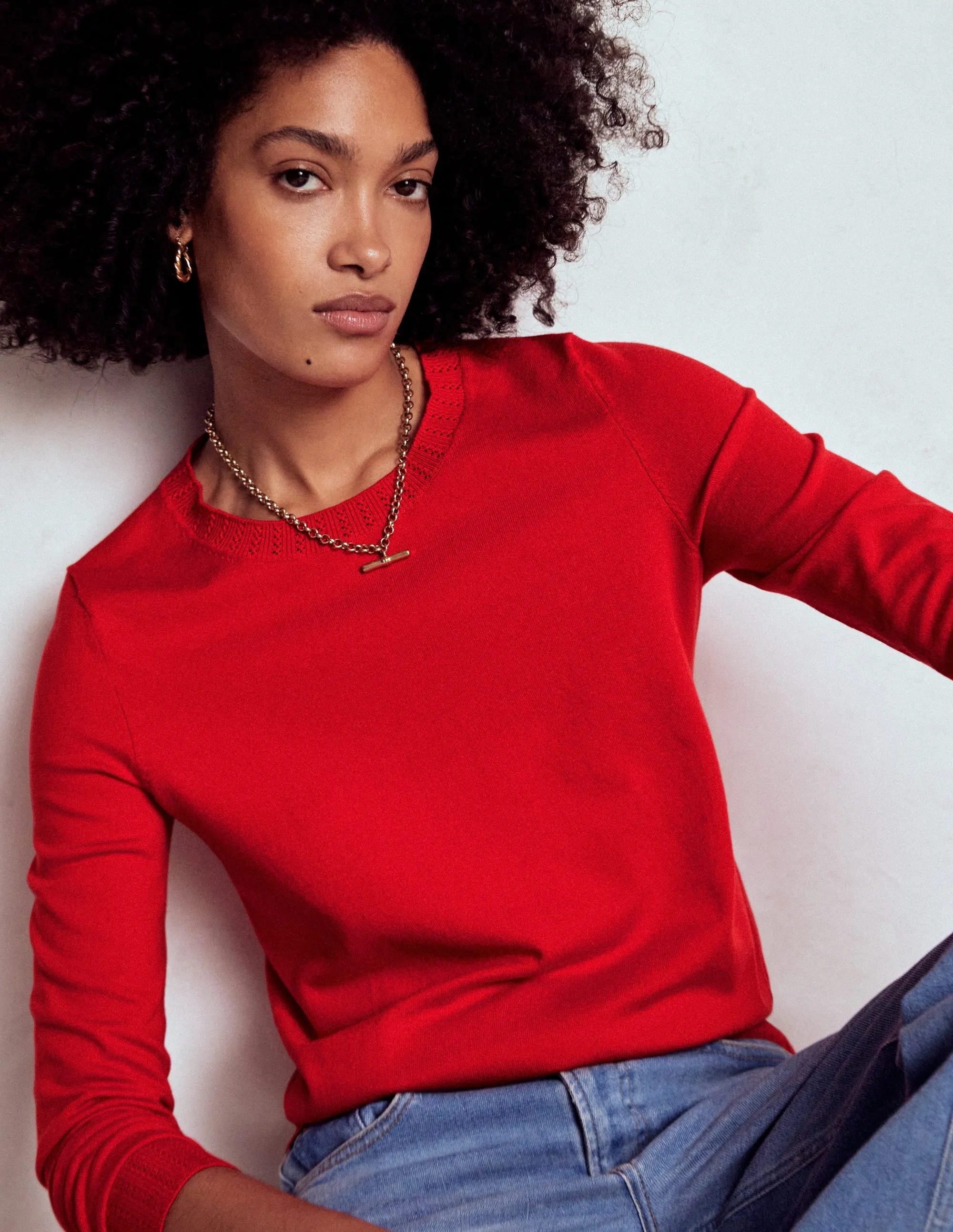 Emilia Cotton Crew Jumper-Poppy Red HighDensity Weave