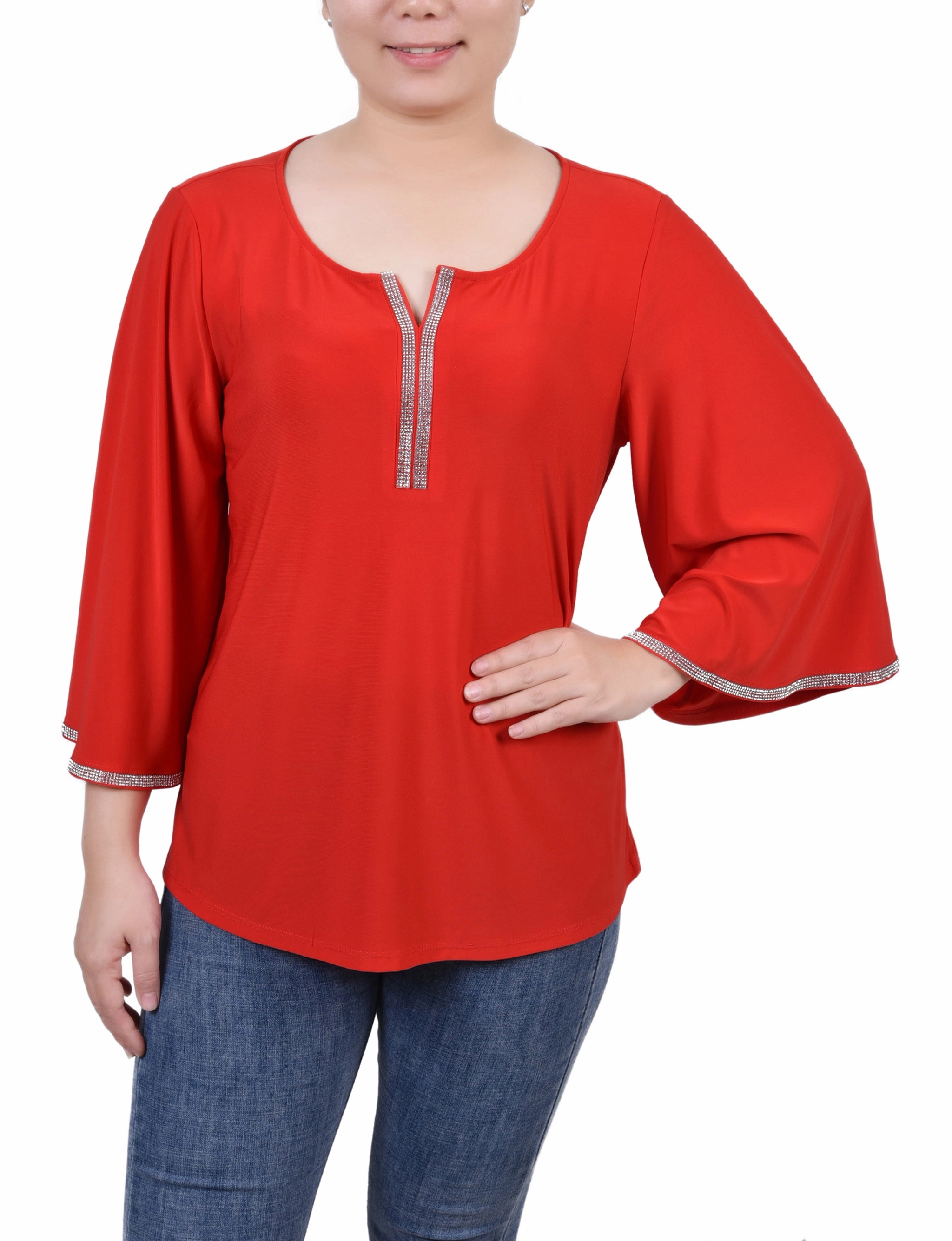 Ribbed Trims Petite 3/4 Bell Sleeve Top With Stones