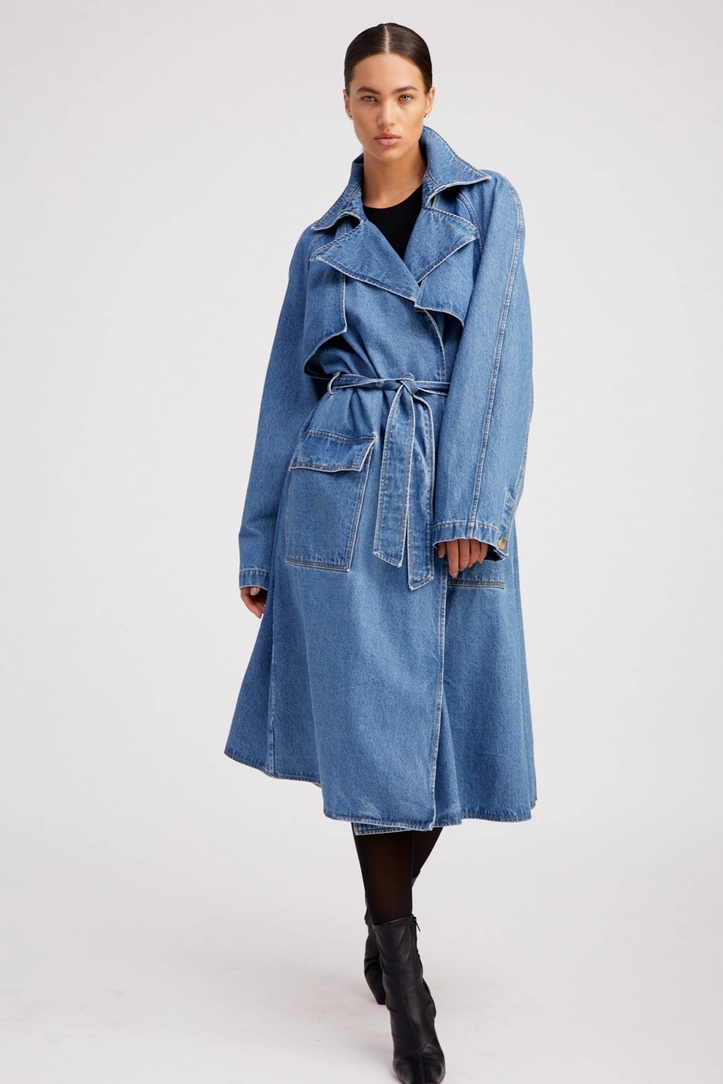 DoubleLayeredCollar Curved Hem Coco Denim Trench
