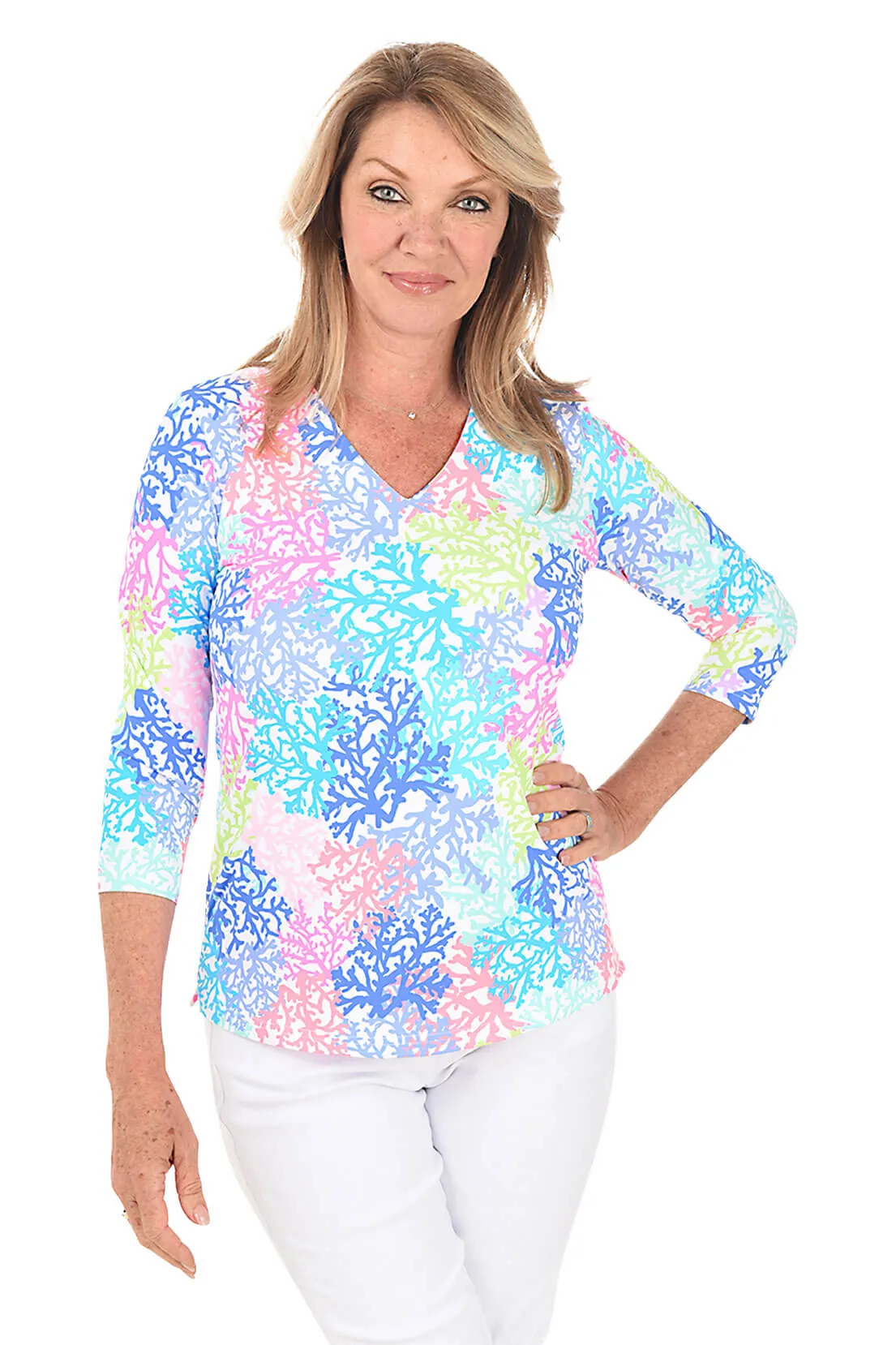 Neon Coral Classic UPF50  V-Neck Top Wrinkle Free Texture RibbedNeckline