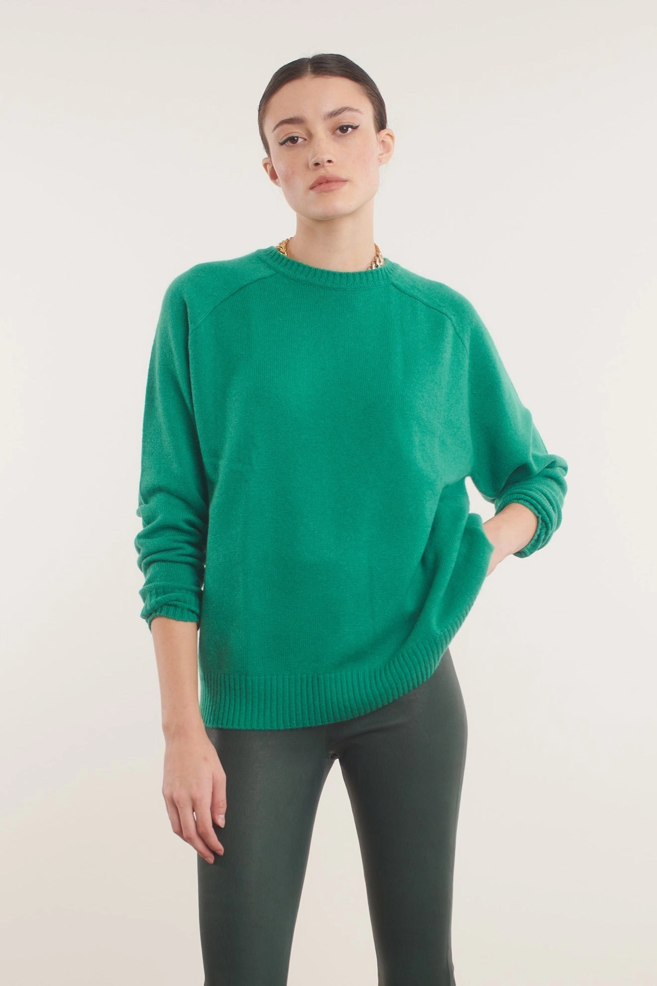 Compact Thermal Insulation FlexibleRibbing Jade Cashmere Boyfriend Sweater