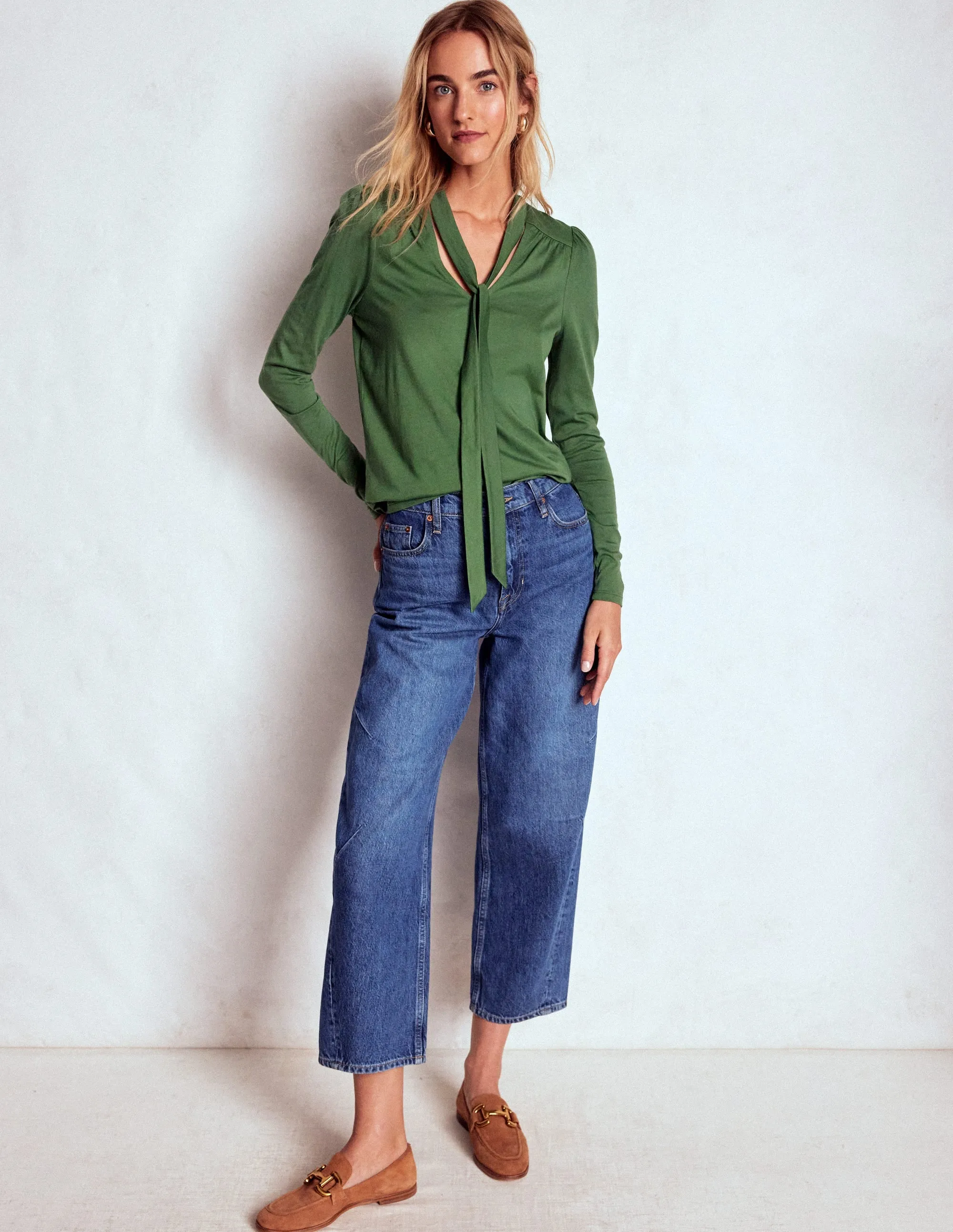 Printed T-shirt All Season Wear Fabric Tie Neck Supersoft Top-Hunter Green