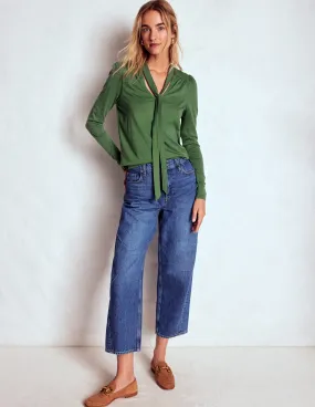 Printed T-shirt All Season Wear Fabric Tie Neck Supersoft Top-Hunter Green