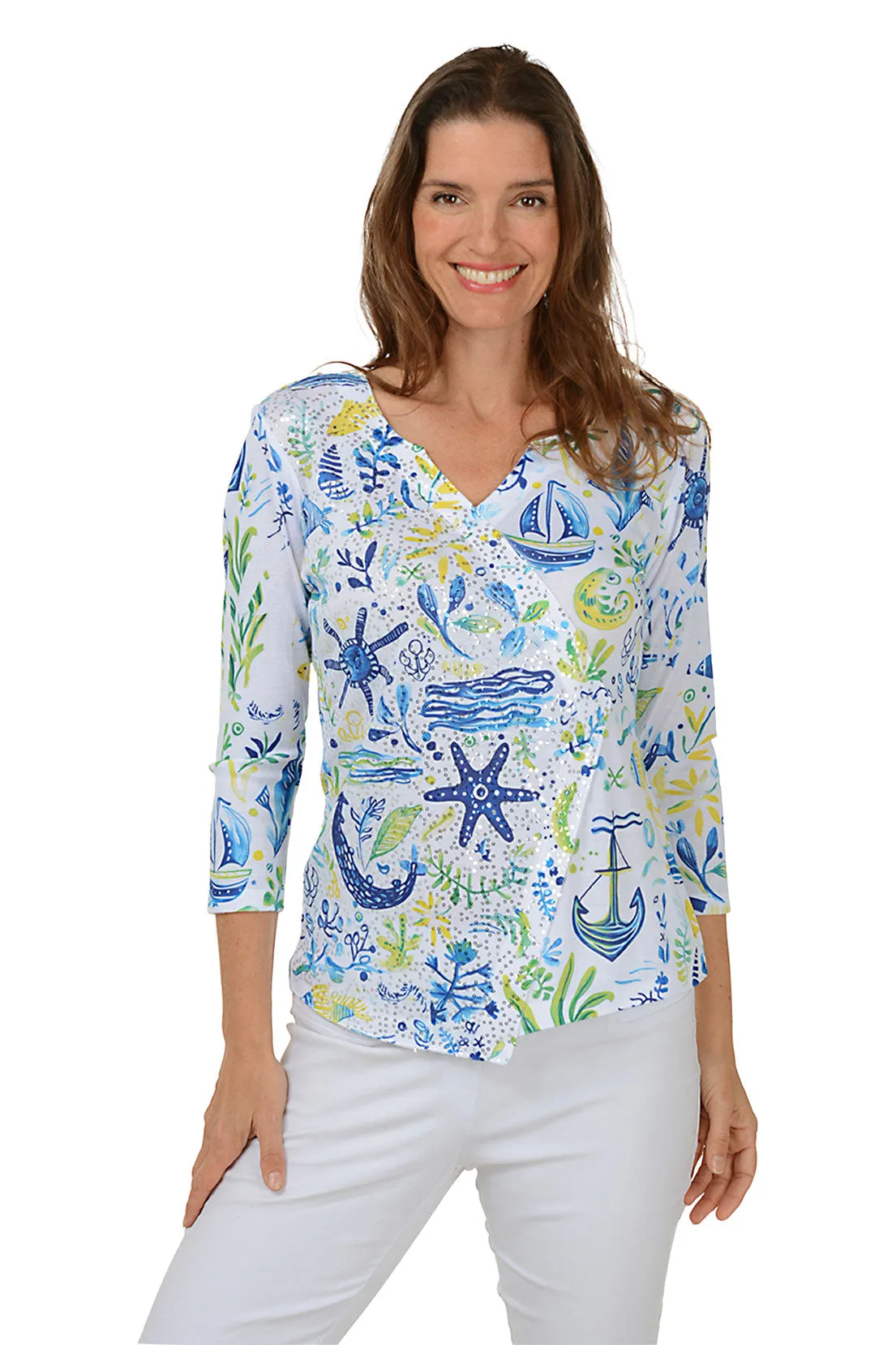 Petite Reef Sequined Surplice Knit Top Bamboo Fiber Fabric Stylish Hoodie