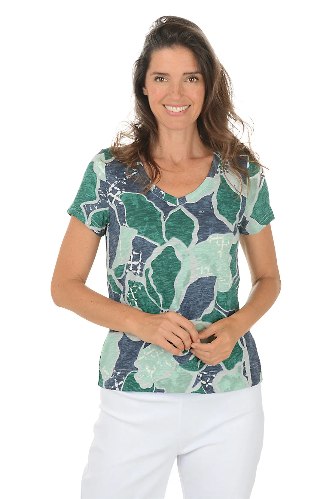 Emerald Floral Petals Cotton V-Neck Tee Brushed Inner Layer