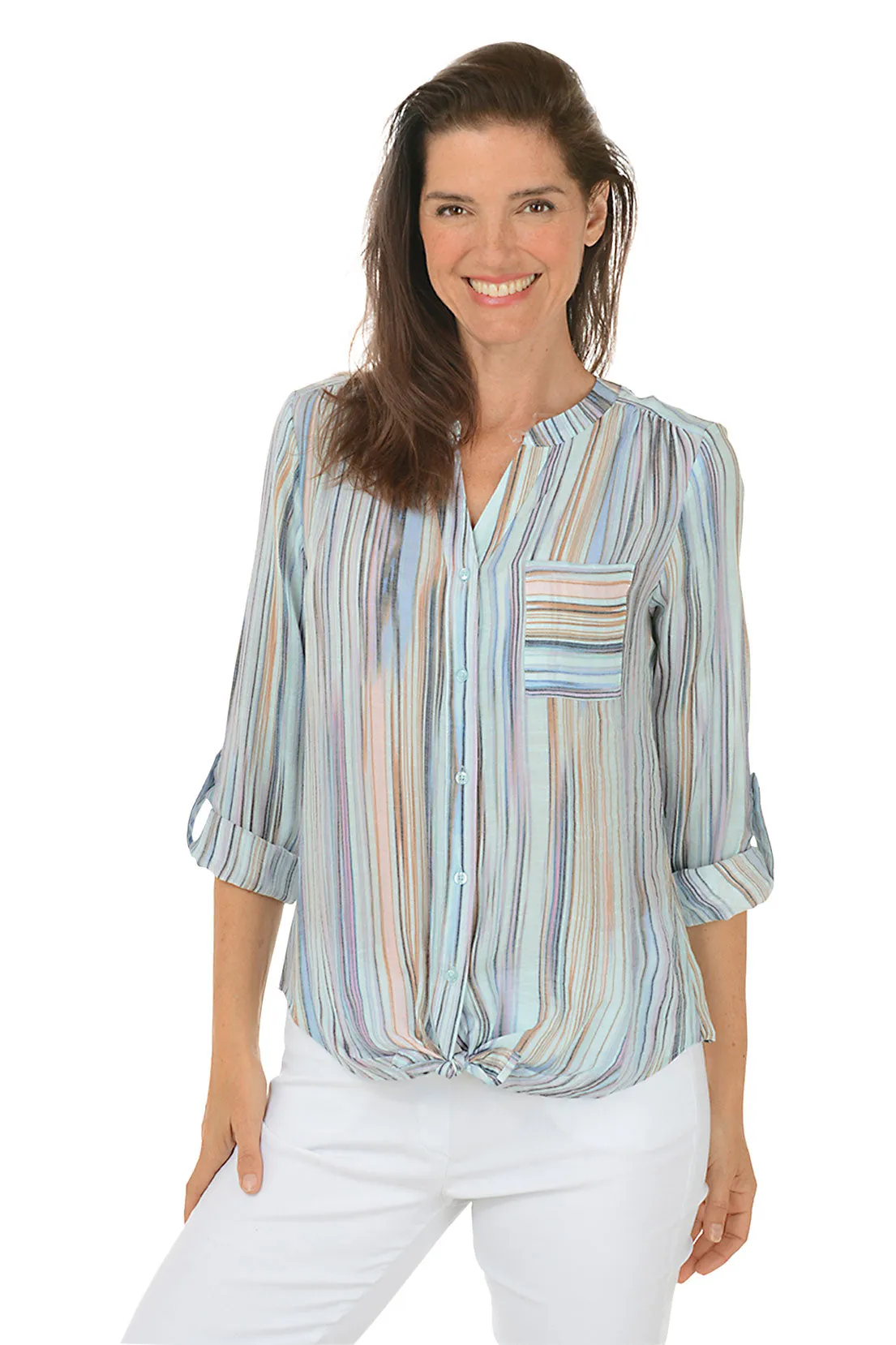 Paradise Stripe Button-Front Blouse Biodegradable Fiber Blend SecurePockets