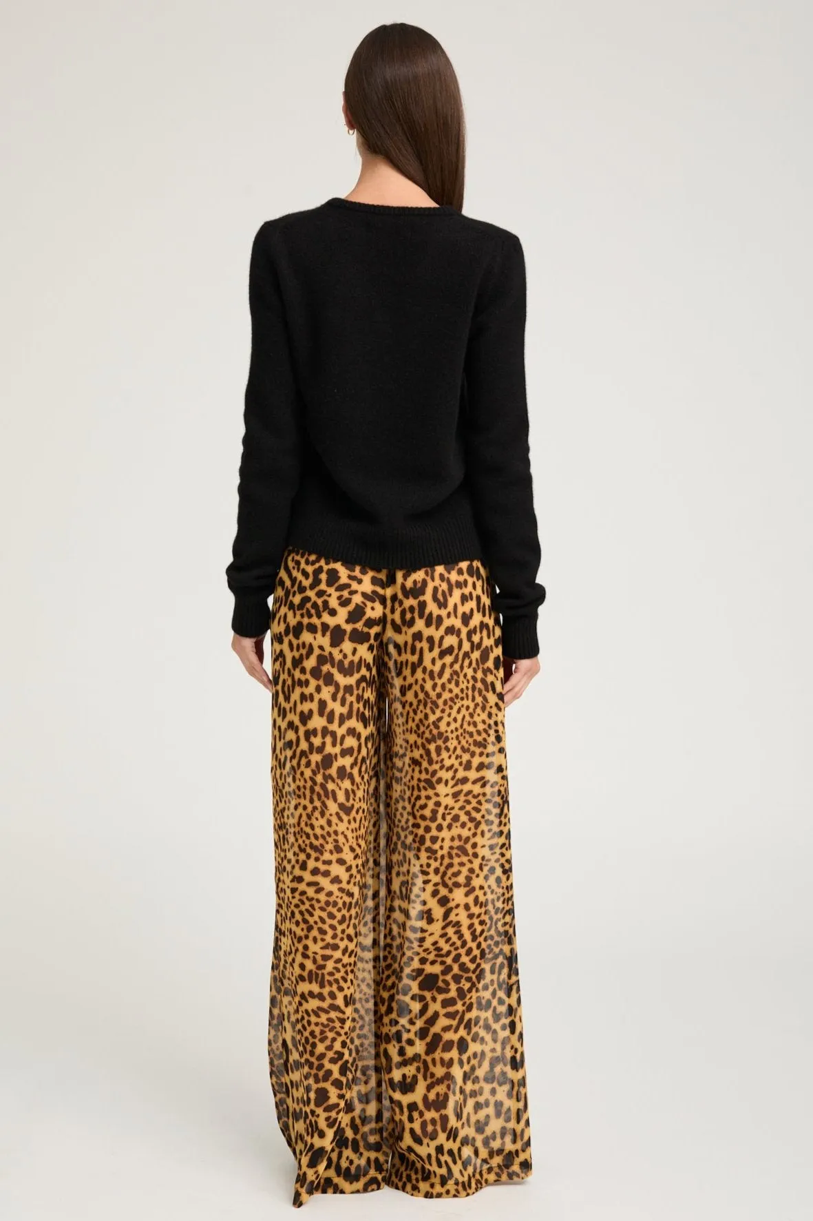 Dark Leopard Silk Wide Leg Trousers AdjustableTabs Body Contour