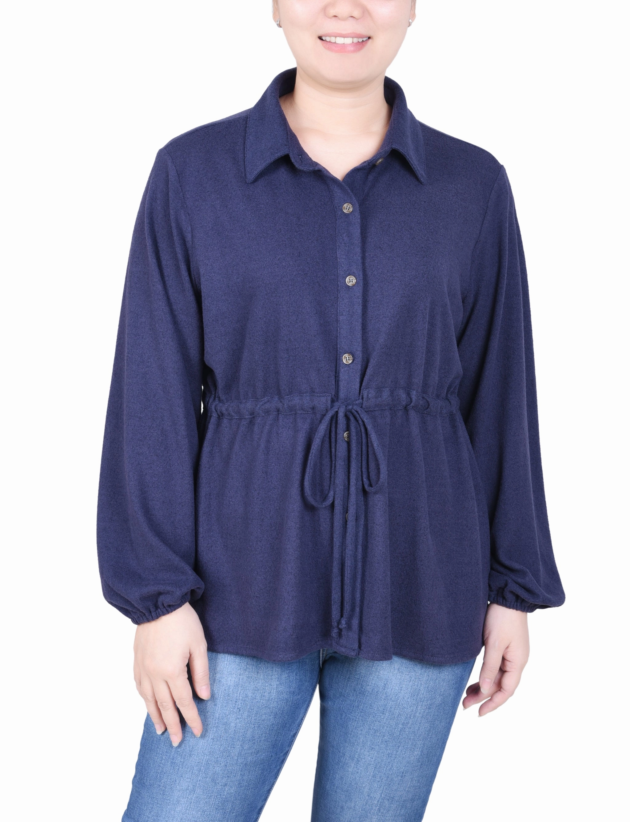 Long Dolman Sleeve Drawstring-Waist Tunic Top Multi Pocket Configuration