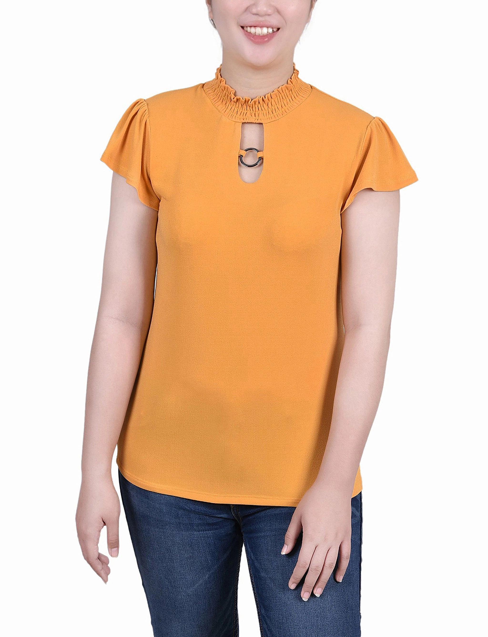 Tapered Cut Petite Short Flutter Sleeve Mock Neck Top