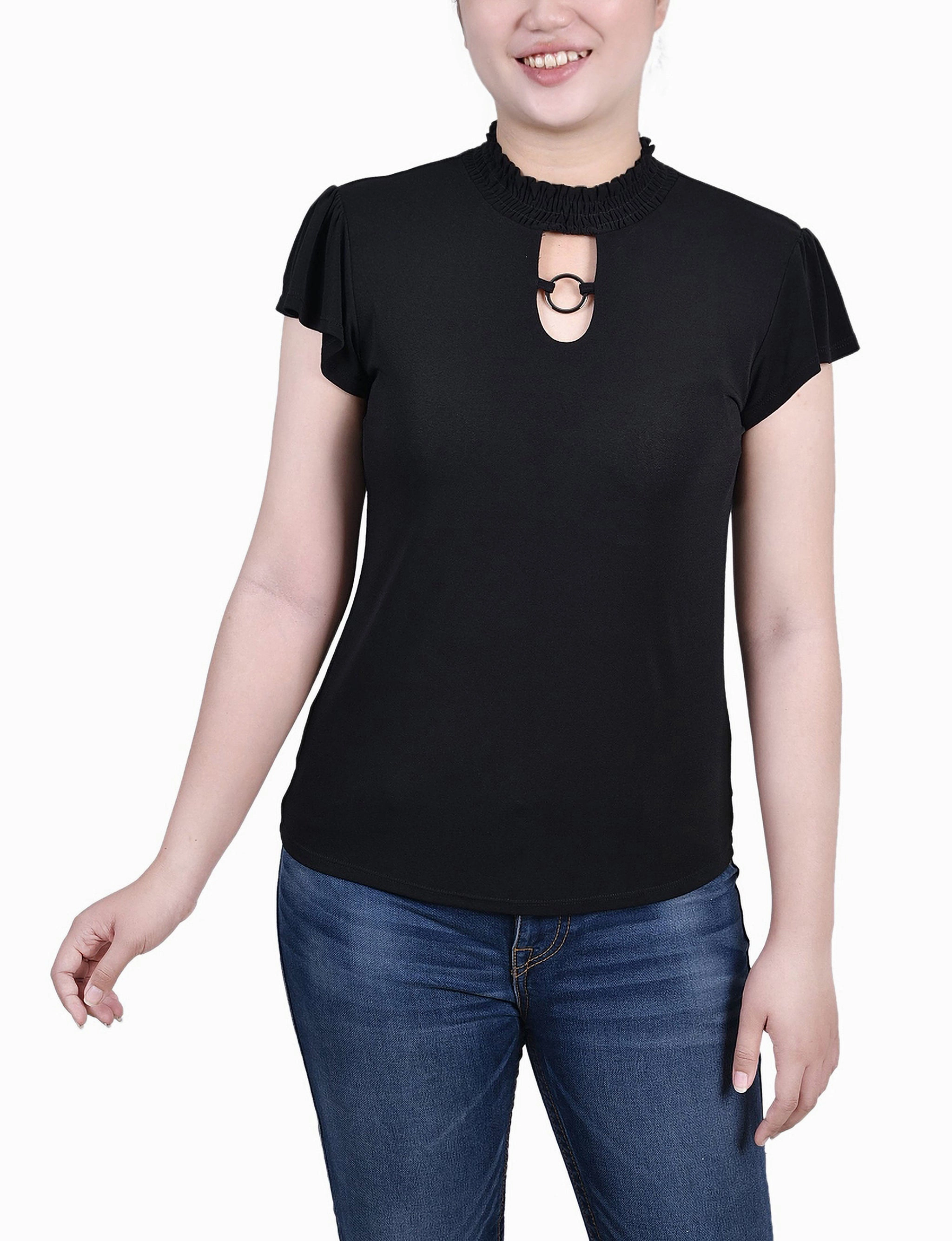 Mesh Lining Stretchable Material Petite Short Flutter Sleeve Mock Neck Top