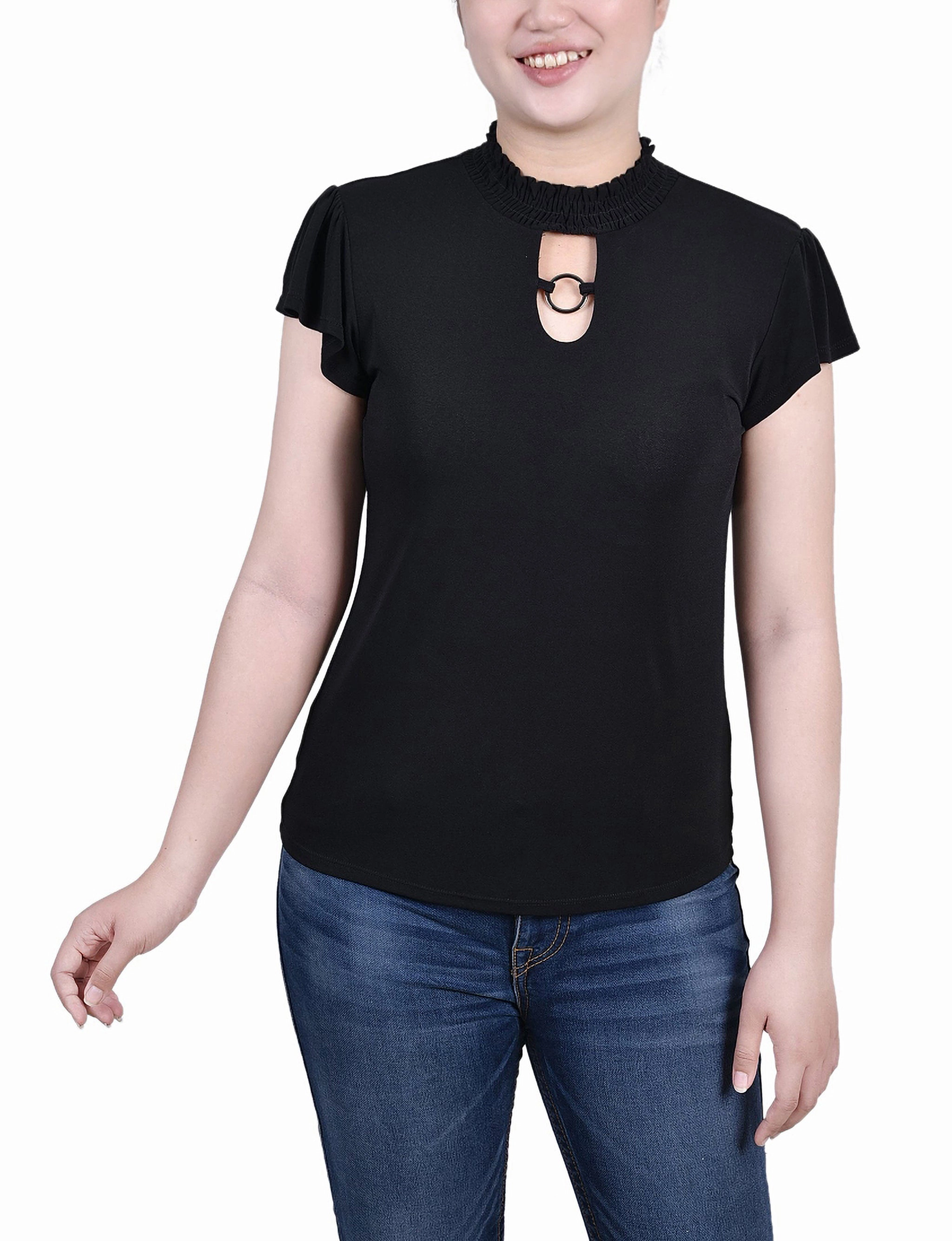 Petite Short Flutter Sleeve Mock Neck Top ButtonDownCollar