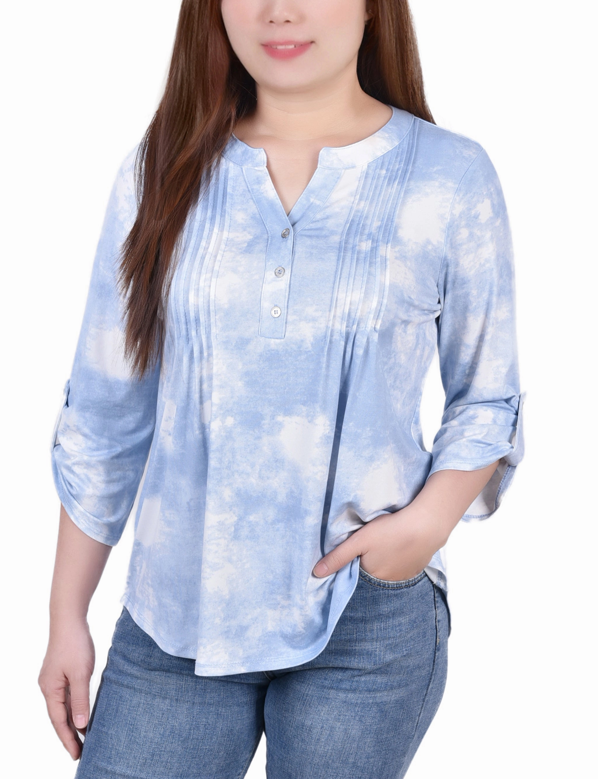 Knit Jacquard 3/4 Sleeve Roll Tab Top OversizedSilhouette Comfy Style