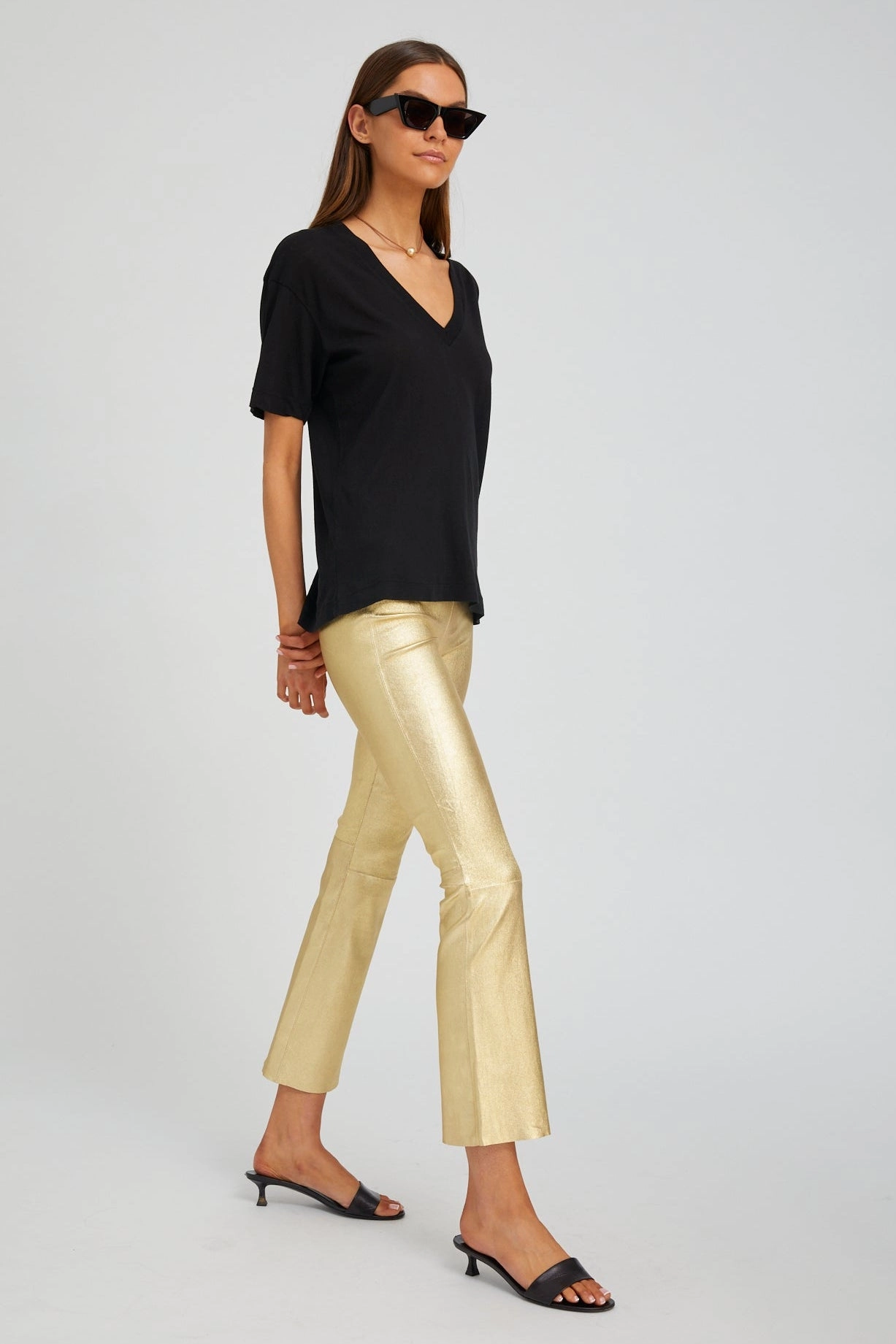Double Layered Knees Gym outfit Metallic Gold Leather Ankle Flare