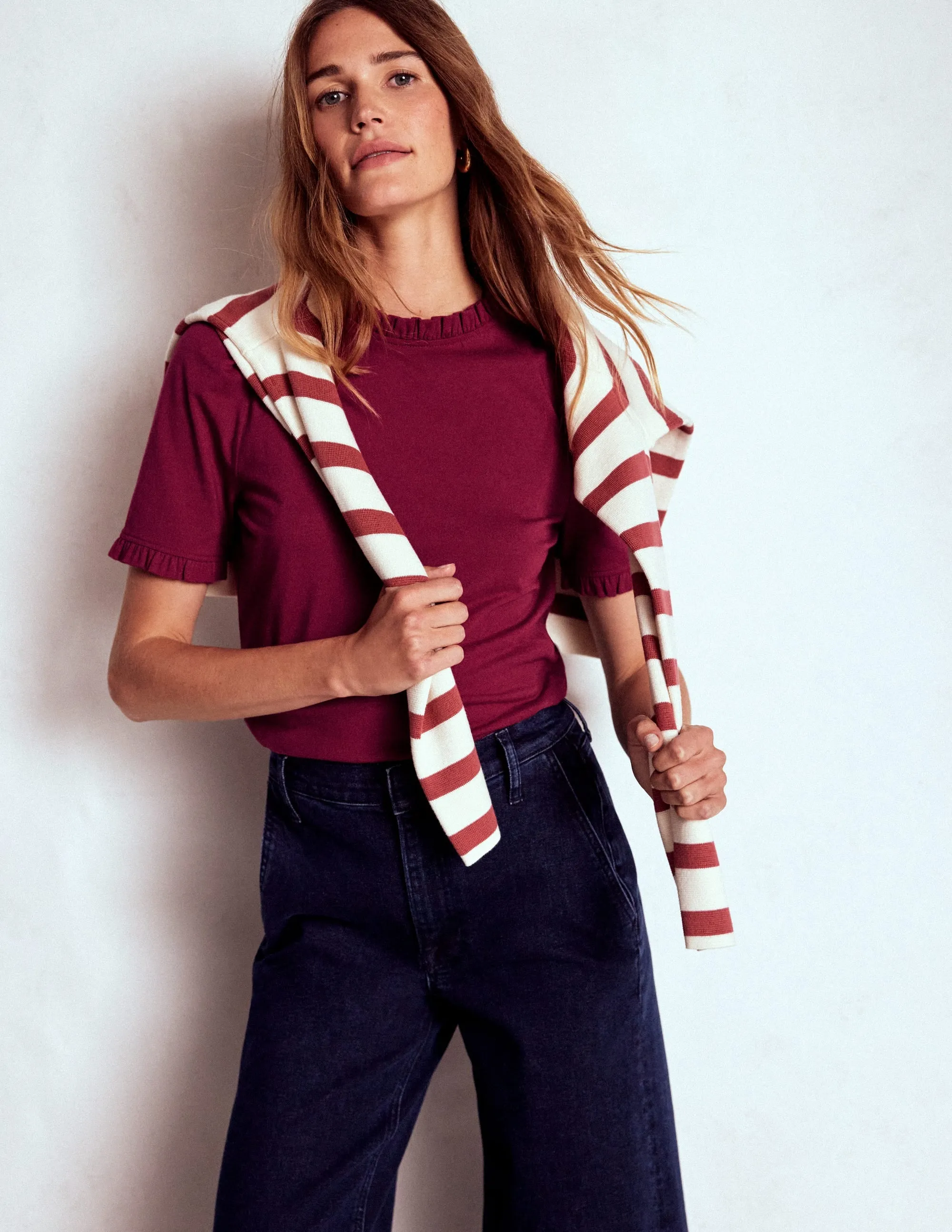 Supersoft Frill Detail T-shirt-Burgundy Red Summer Style LongWearingComfort