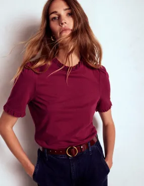 Supersoft Frill Detail T-shirt-Burgundy Red LightweightFabric SmoothZipper