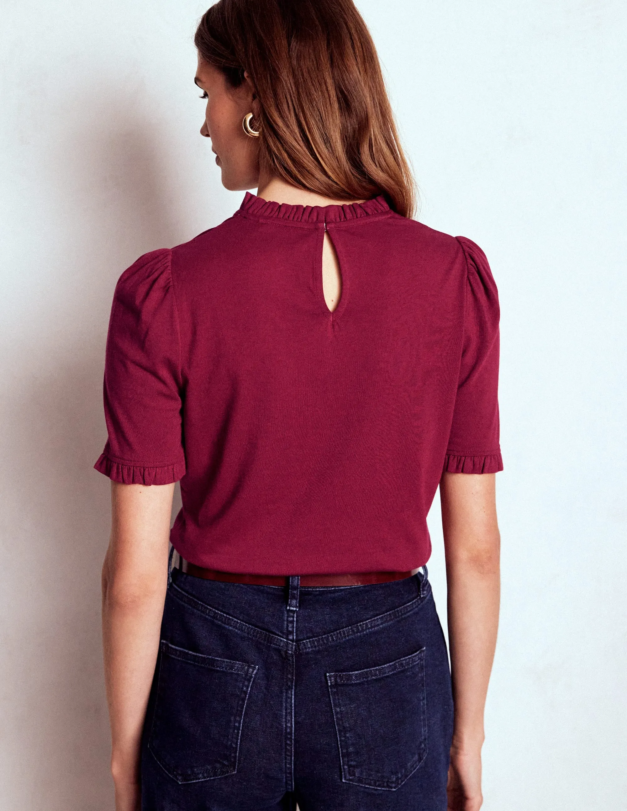 Supersoft Frill Detail T-shirt-Burgundy Red Non Chafe Armholes MultiPurposeUtility