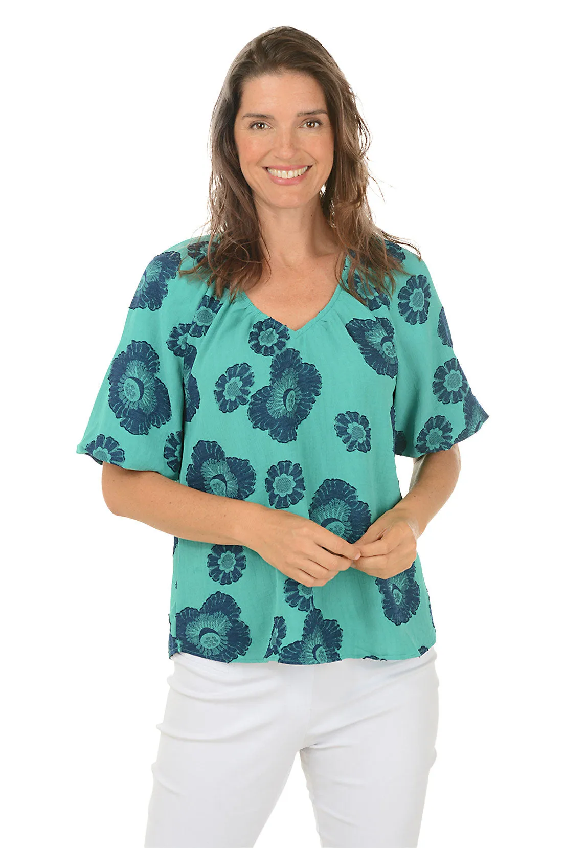 Lapis Floral Jacquard Puffed Sleeve Blouse AntiStaticFabric Ribbed Collar Style