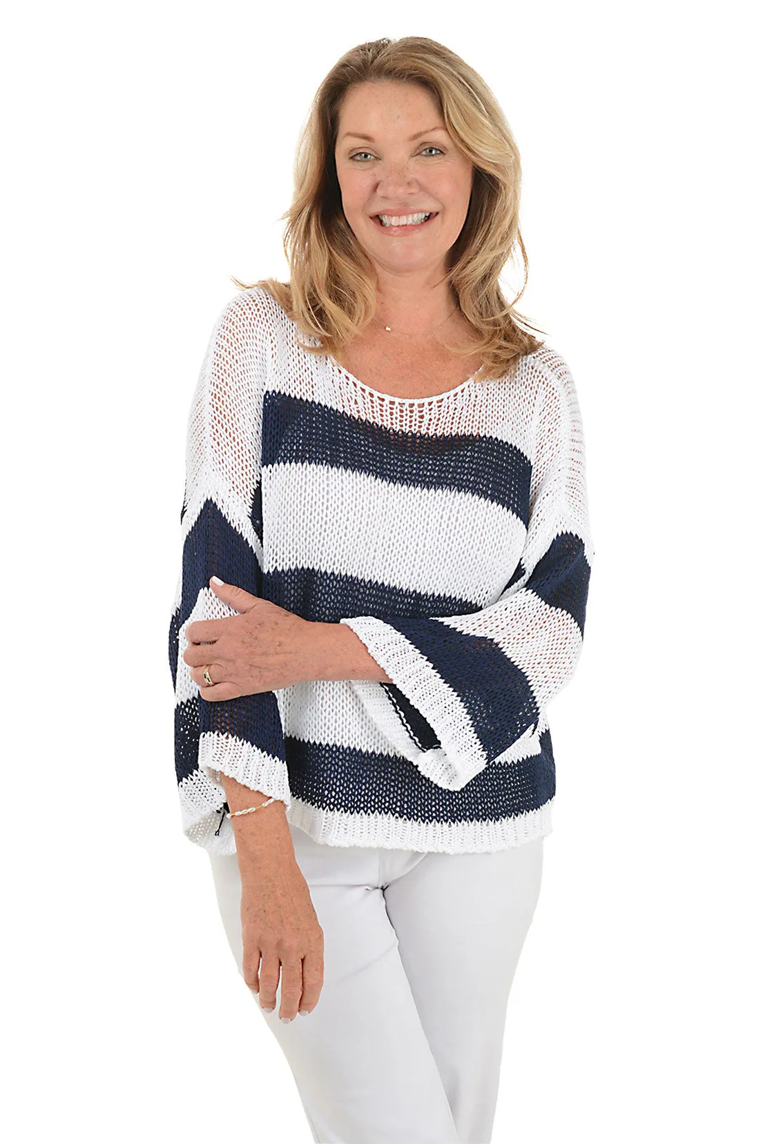 Striped Dolman Sleeve Open Weave Sweater Snag Proof Weave DurableDoubleLayeredHem