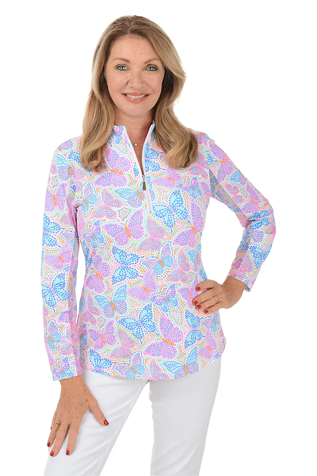 Butterfly Dots Cooling UPF50  Mock Neck Top Raw Edge Finish