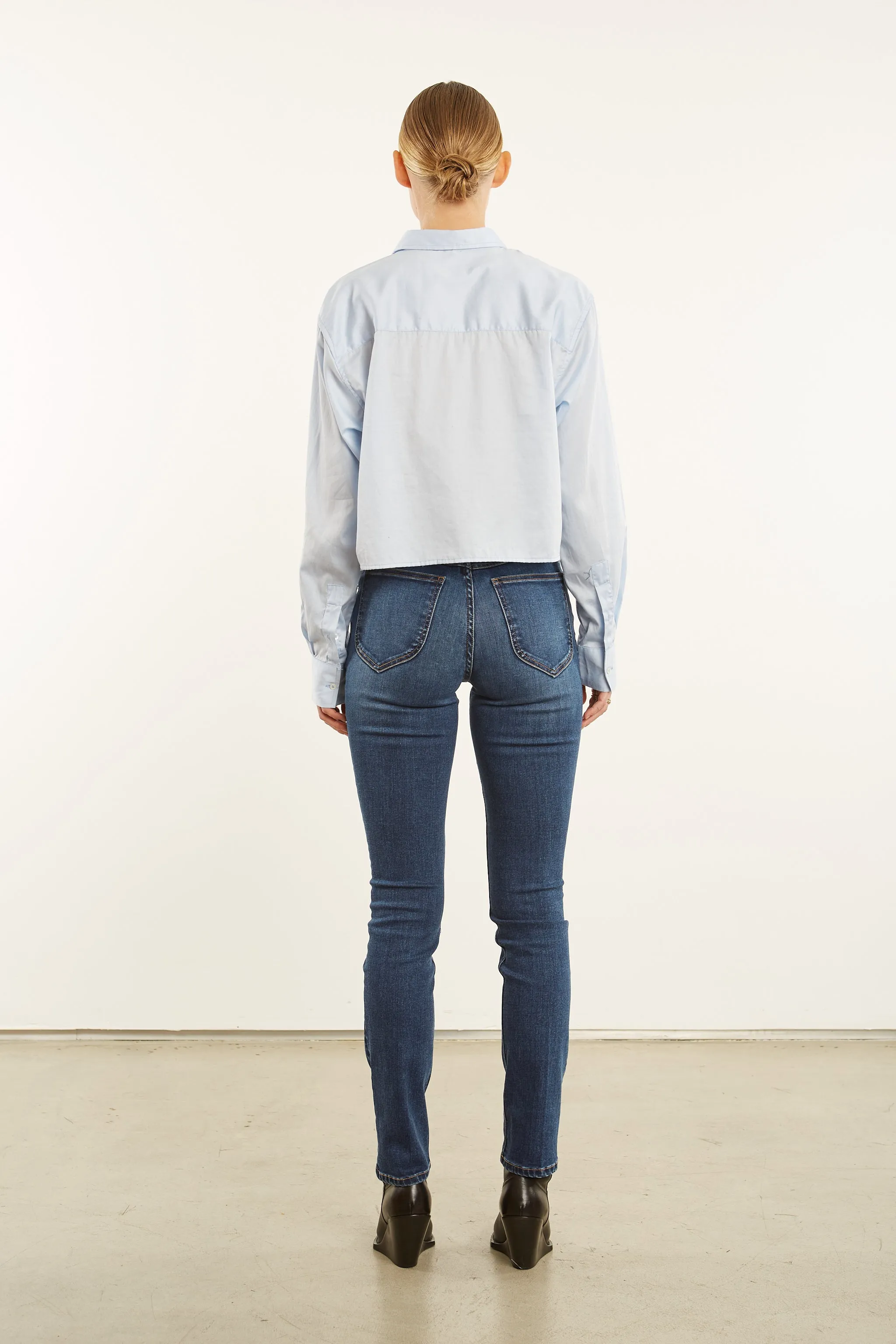 Baby Blue Cropped Button Down Breathable fabric