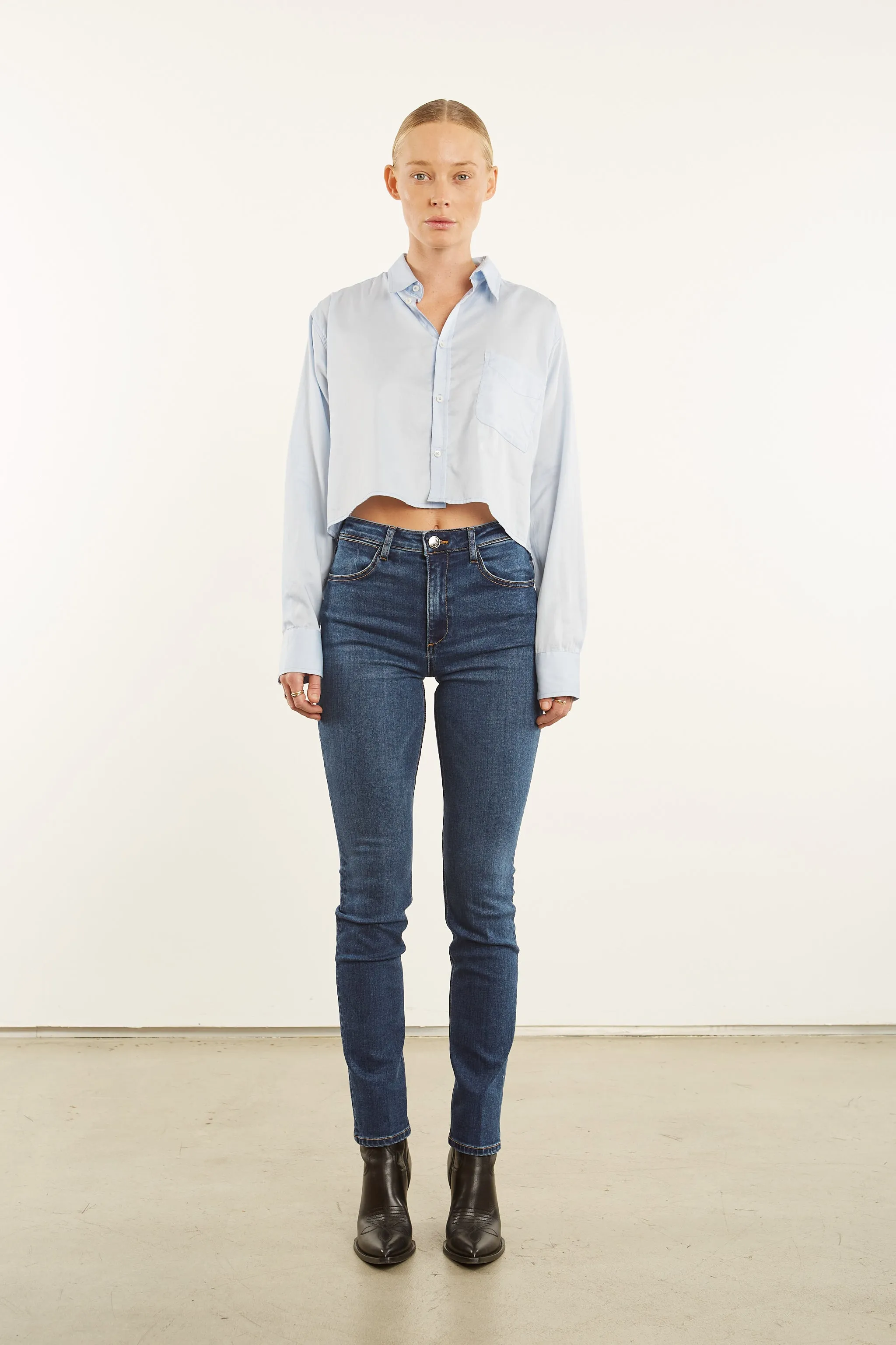Baby Blue Cropped Button Down StretchFit