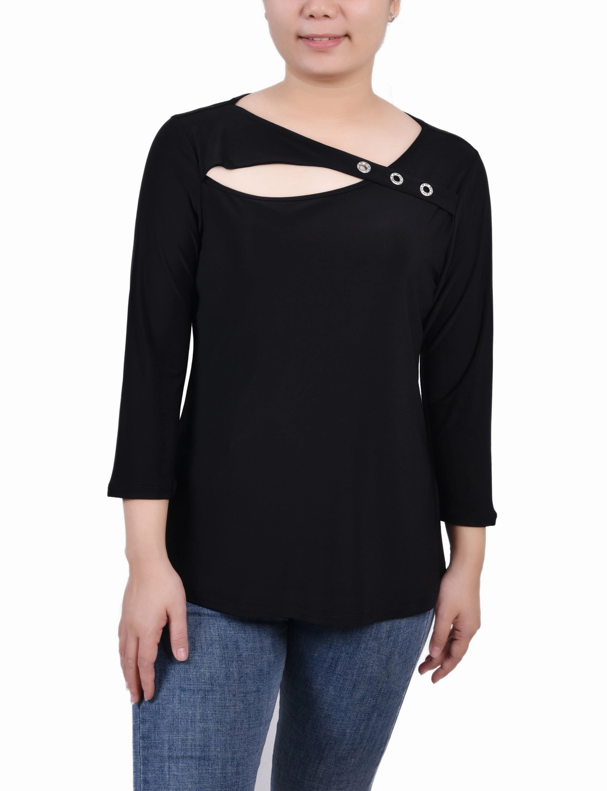 3/4 Sleeve Cutout Top FlexibleNeckline