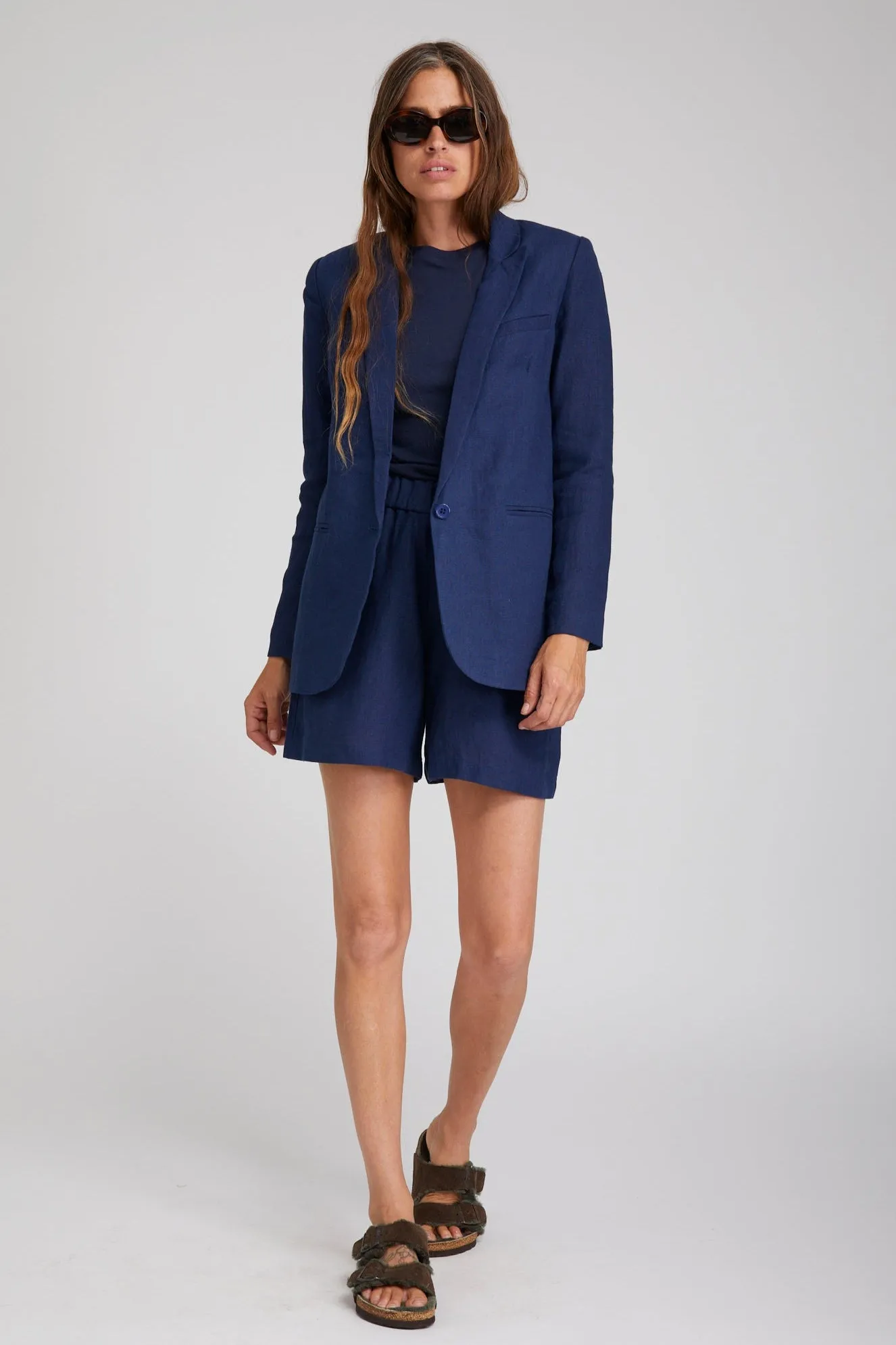 Layered Collar RubberizedTrim Navy Linen Blazer
