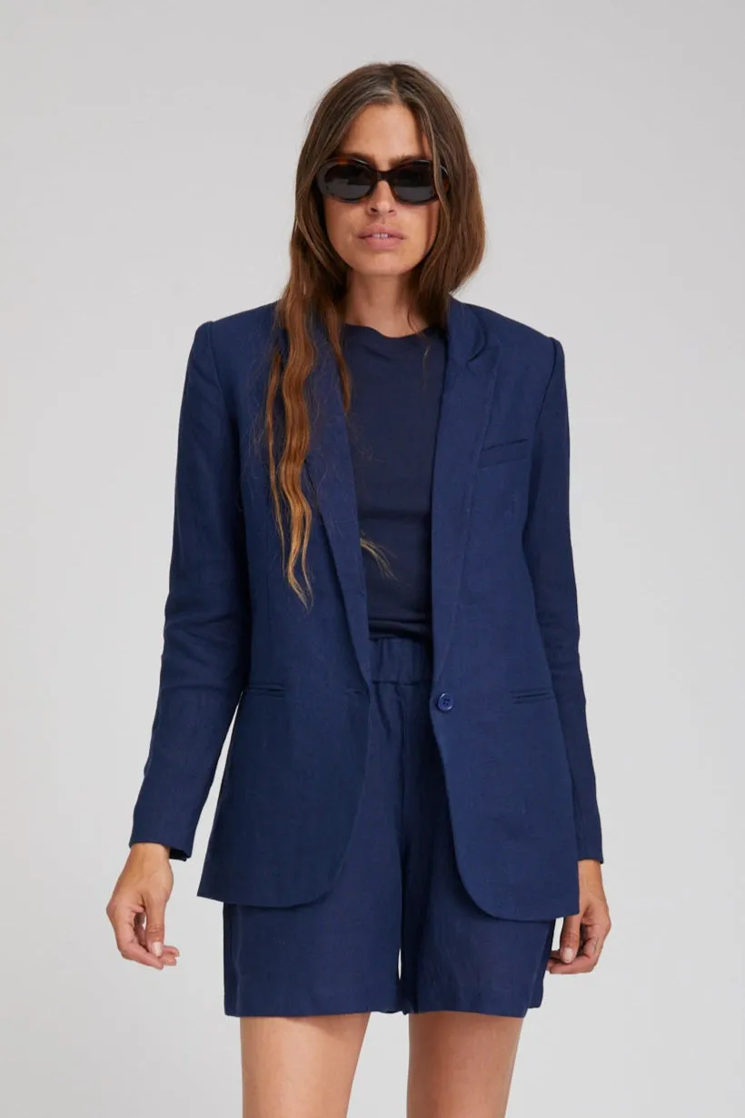 Navy Linen Blazer Dynamic Compression Fit Minimal Look